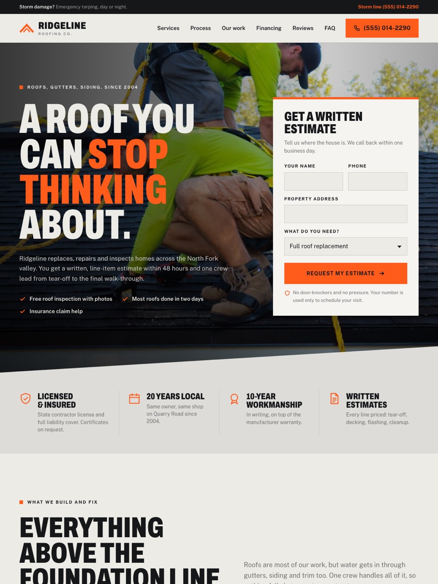Ridgeline, a sample roofing website design