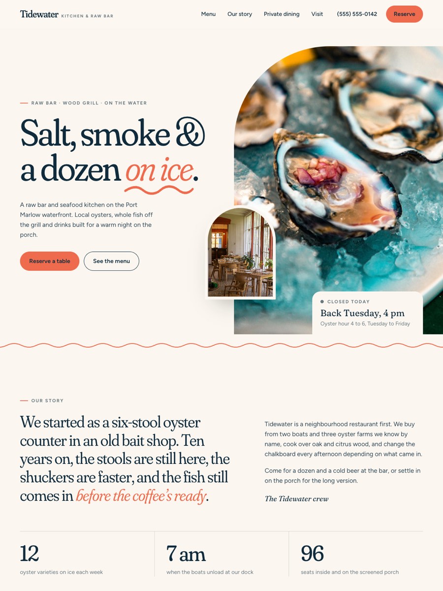 Tidewater, a sample restaurant website design